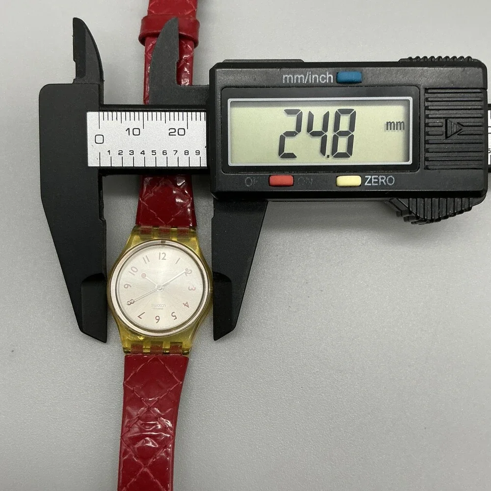Vintage Swatch Womens Watch 25mm Silver Dial Yellow Case Red Leather Swiss